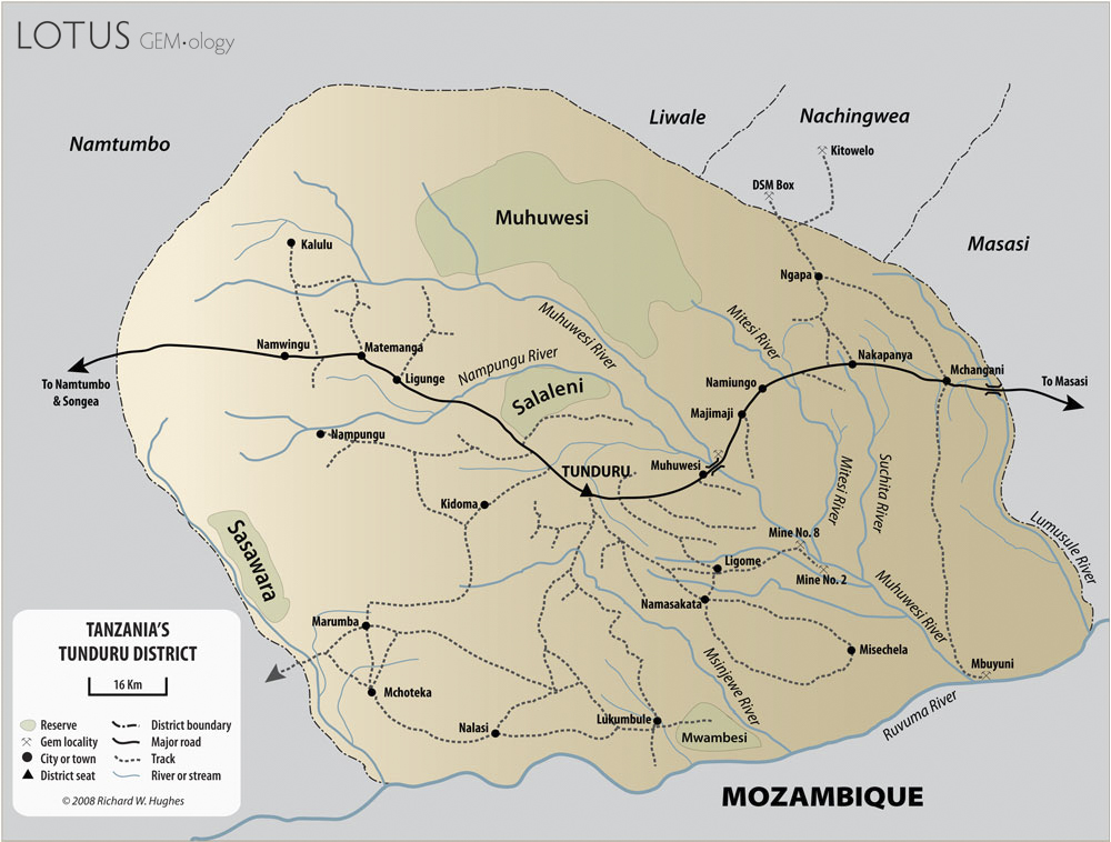 Map of the Tunduru region, showing the major mining districts. Map: Richard W. Hughes