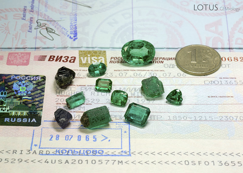 A selection of fine alexandrite and emerald rough from the famous Malysheva deposit outside Yekaterinburg, Russia. Photo &copy; Wimon Manorotkul/Pala International; specimens courtesy of Tsar Emerald Corp.