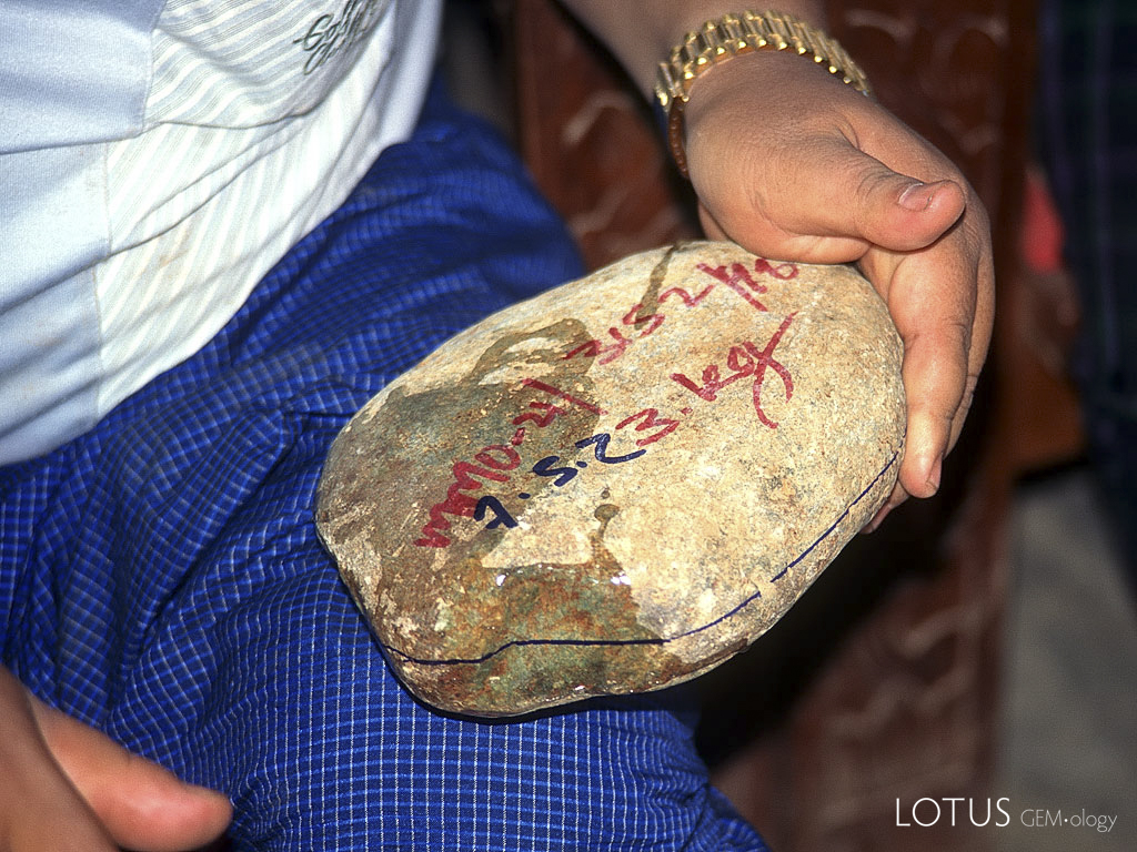 Figure 10. Water readily reveals the "show points" of bright green jadeite on this boulder. Photo &copy; Richard W. Hughes.