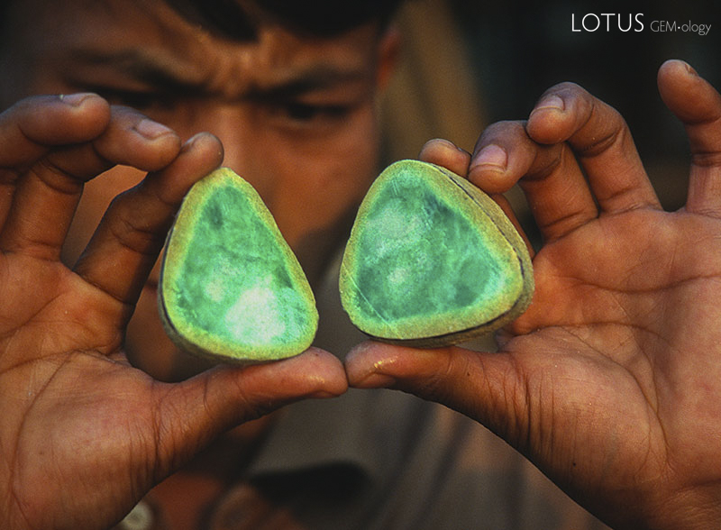 Bottom left: Note the thick yellow "mist" around the jadeite in this boulder of "mountain jade."