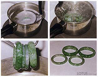 Figure 30. A process commonly used to enhance polished jadeite, waxing (or "wax dipping") is actually a simple procedure. First (top left), the bangles are soaked in a warm alkaline solution about 5&ndash;10 minutes to clean the residue left behind during polishing. Next they are rinsed, dried, and then soaked in an acidic "plum sauce" to remove any residue from the alkaline solution. Then, they are rinsed, dried, and placed in boiling water for several minutes (top right) to open the "pores" in the jadeite and bring it to the right temperature (to avoid cracking) before it is placed in a pre-melted wax solution for several minutes to several hours (bottom left). After waxing, the items are polished with a clean cloth to reveal their best luster (bottom right). Photos and description by Benjamin So.