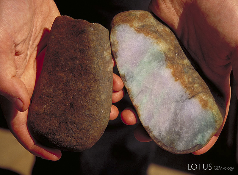 Top left: This jadeite boulder shows the relatively thin skin and potentially good color that is usually associated with "river jade." Although from the outside this appears to be a normal jadeite boulder, oxidants that entered through cracks on the surface have produced a large area of discoloration.