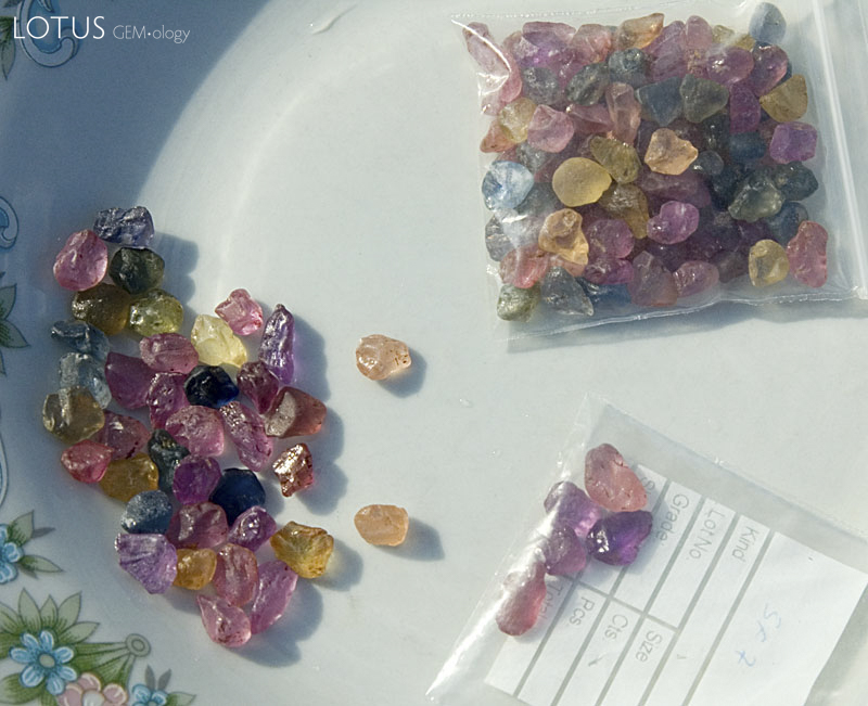A selection of sapphire rough from Ilakaka, Madagascar, showing the broad range of colors produced at this deposit.  Photo: Richard W. Hughes