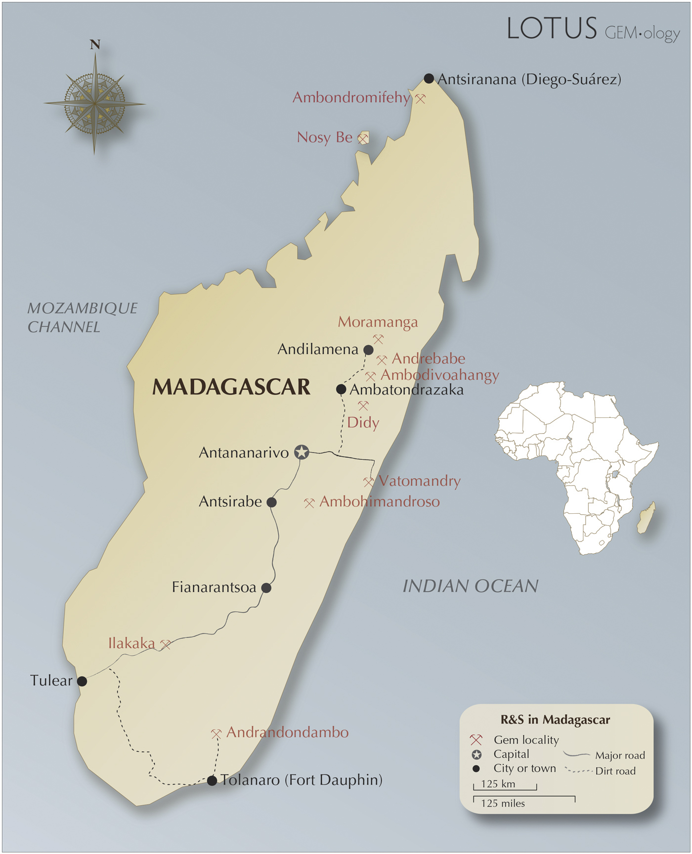 Map of Madagascar, showing the island's most important corundum localities, along with the author&rsquo;s route.  Map: Richard W. Hughes