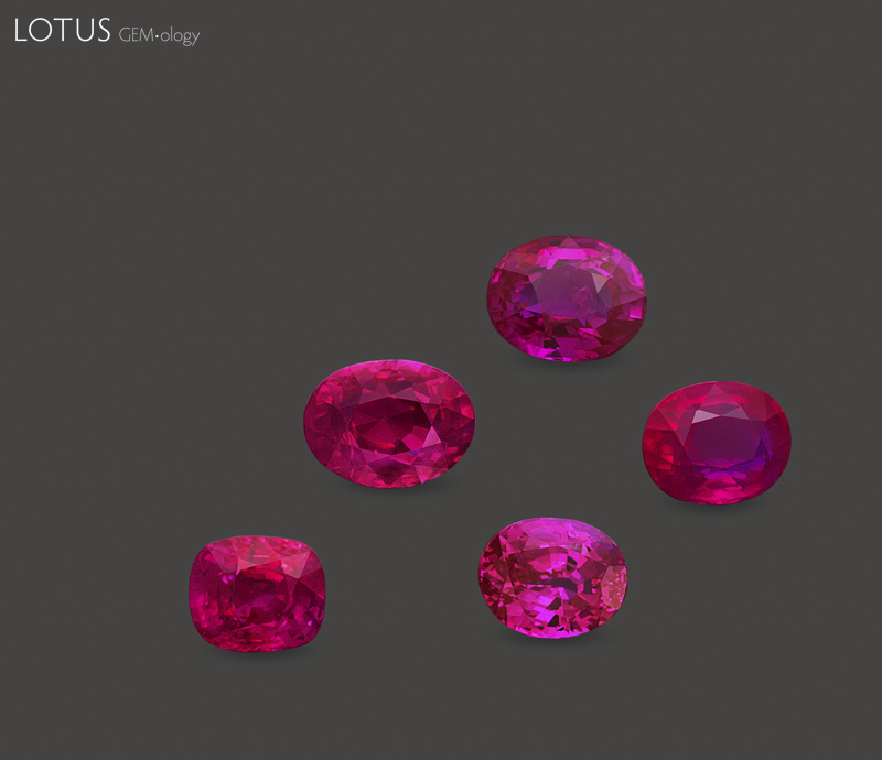 Figure 2. A &ldquo;royal flush.&rdquo; Five natural, unheated Mogok rubies from 3.02-4.02 ct. Specimens courtesy of Veerasak Gems. Photo: Wimon Manorotkul