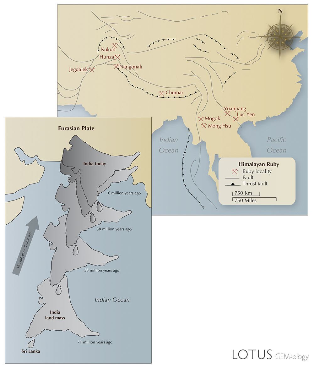 Figure 2. South and Central Asia, showing the major faults associated with the collision between the Indian subcontinent and the Eurasian mainland. One of the results was the formation of ruby, as limestone metamorphosed into marble, creating the world&rsquo;s premier ruby deposits. From West to East: Jegdalek (Afghanistan), Kukurt (Tajikistan), Hunza and Nangimali (Pakistan), Chumar (Nepal), Mogok and Mong Hsu (Burma), Yuanjiang (China) and Luc Yen (Vietnam). The Himalayan orogeny took place during the period between 45&ndash;5 million years ago, making these rubies more than ten times younger than their Mozambique belt cousins. From Hughes et al., 2014.