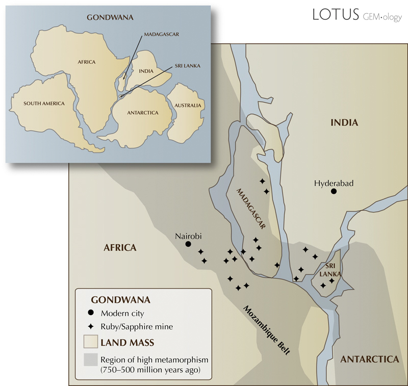Figure 1. The former supercontinent, Gondwana, showing the proximity of the important ruby and sapphire deposits of East Africa, Madagascar, Sri Lanka and southern India some 750&ndash;500 million years ago. From Hughes et al., 2014.