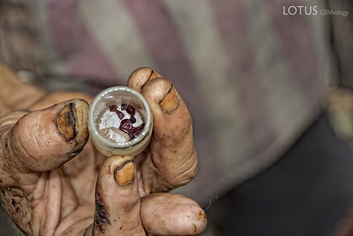 A handul of rubies, along with a piece of quartz from Thailand's last ruby miners. Photo &copy; Richard W. Hughes, April 2009.