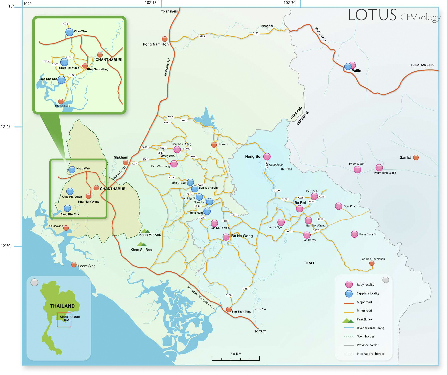 Map of Chanthaburi, Trat and western Cambodia, showing the location of the gem mines. Click on the map for a larger view. Map by Maneekan Sahachat/Thaigem.com.
