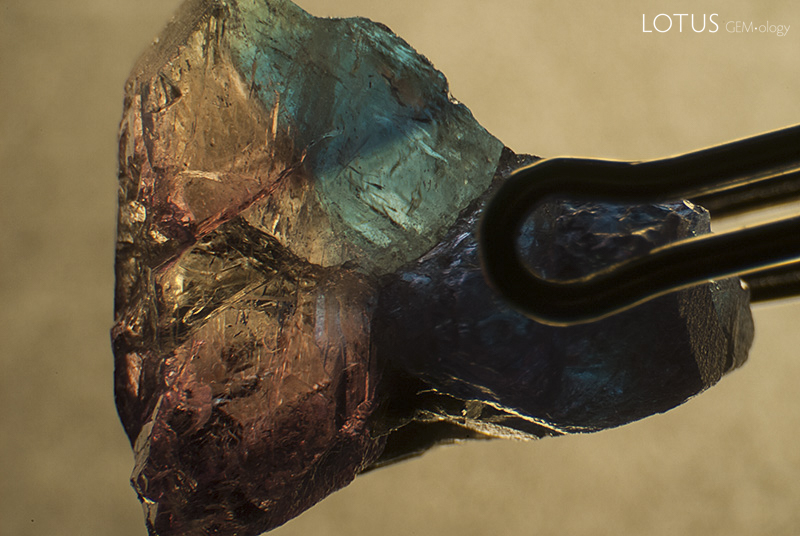 Pleochroism across a twin plane in a Russian alexandrite from Malysheva, Russia when viewed through a polarizing filter. Roll over the image to see the appearance with the polarizer rotated 90&deg;. Specimen courtesy of Tsar Emeralds Corp.; photo: John Koivula