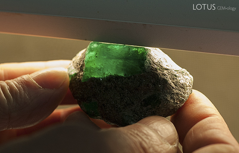 Lotus Gemology Bangkok: A large Russian emerald crystal still embedded in the mica schist. Photo: Richard W. Hughes