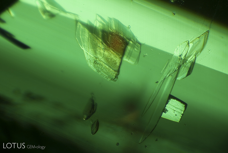 Lotus Gemology Bangkok: Lathe-shaped flakes of phlogopite mica spin through the green depths of a Malysheva emerald. Specimen courtesy of Tsar Emeralds Corp.; photo: John Koivula