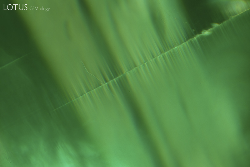 Lotus Gemology Bangkok: Growth zoning in a Malysheva emerald. Specimen courtesy of Tsar Emeralds Corp.; photo: John Koivula