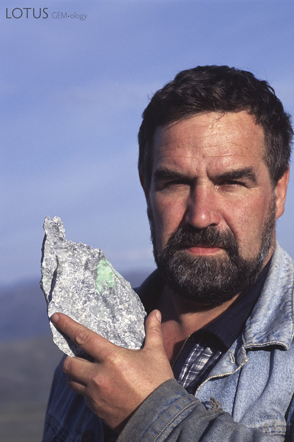 Geologist Sergei Mikheev, with a piece of Polar jadeite. After ten years of looking Sergei discovered the first piece of jadeite in the Polar Urals.