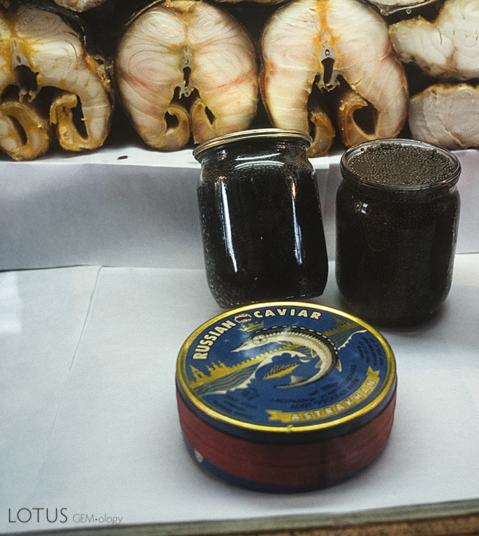 Product of Russia. At the time of writing (2000), a 500-gram jar of beluga "black" caviar such as that shown cost about $150. Today (2014) it is completely banned to protect the sturgeon, from which it comes.  Photo: &copy; Richard W. Hughes