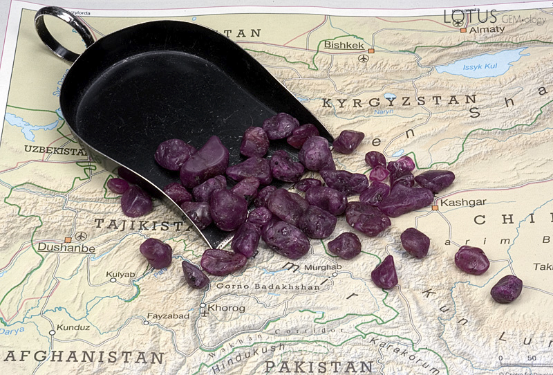 Rough ruby reputed to be from Tajikistan. It was this material which set the authors off on their quest for the source. Photo &copy; Wimon Manorotkul/Pala International