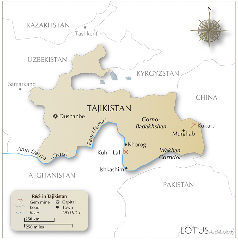 Map of Tajikistan, showing the location of the spinel mines at Kuh-i-Lal and the ruby mines at Snezhny. Map: Richard W. Hughes