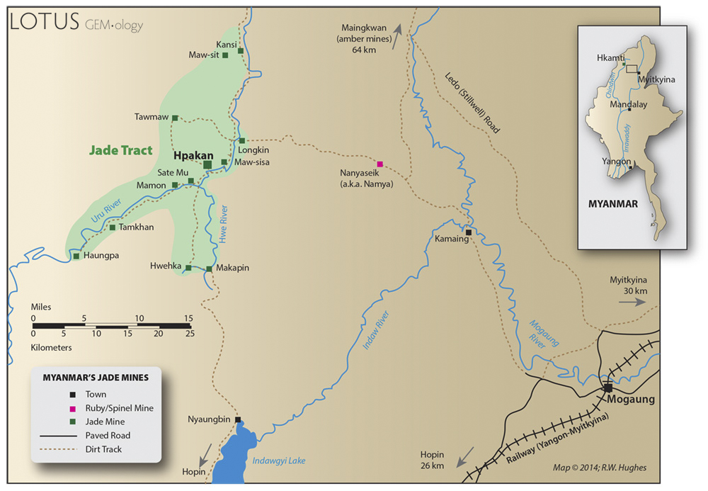 Sketch map of Upper Burma, showing the authors' route to the jade mines at Hpakan.